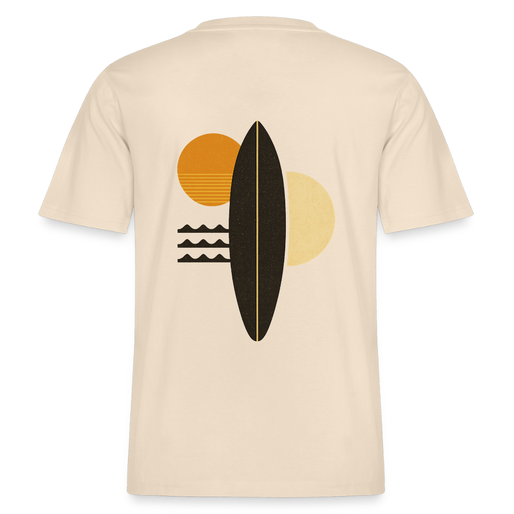 Beiges Retro Surf T-Shirt mit minimalistischer Surfbrett-Grafik in warmen Orange- und Brauntönen