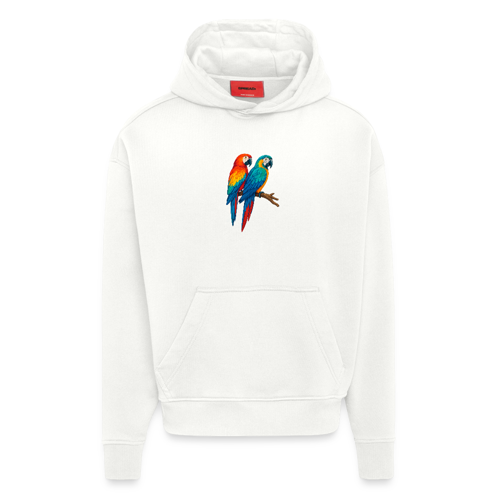 Weißes T-Shirt mit realistischen bunten Papageien auf Ast, tropische Illustration