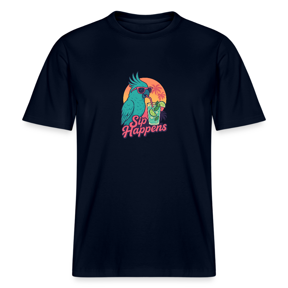 Retro T-Shirt mit Papagei und Cocktail, Neonfarben und Sip Happens Schriftzug im Tropical Sunset Look