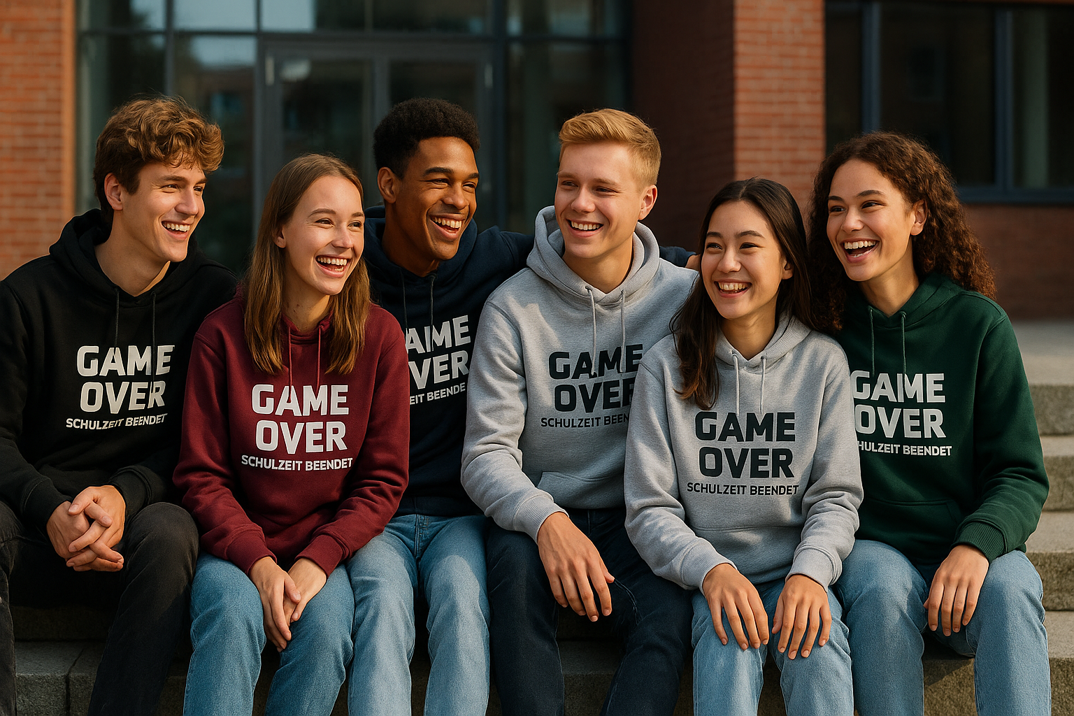 Six 2025 graduates in stylish grad hoodies with the design “Game Over – School’s out” in front of a modern school building