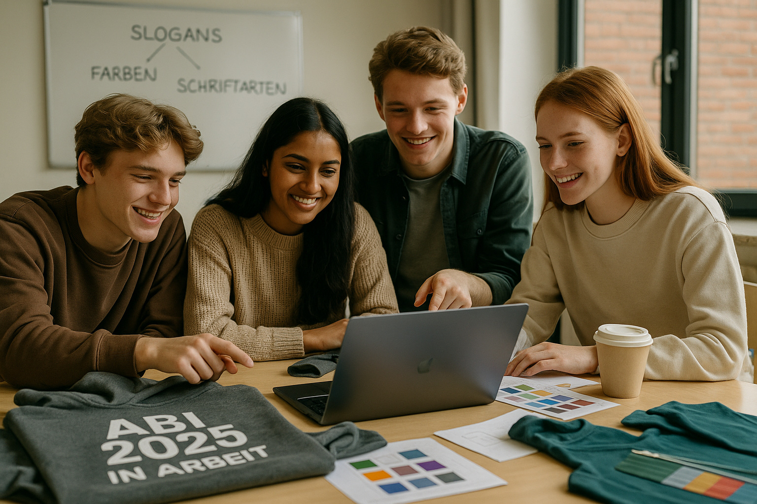 Graduates of 2025 design Abi hoodies using laptops, color samples, and the slogan “ABI 2025 in progress” – Design phase in the classroom