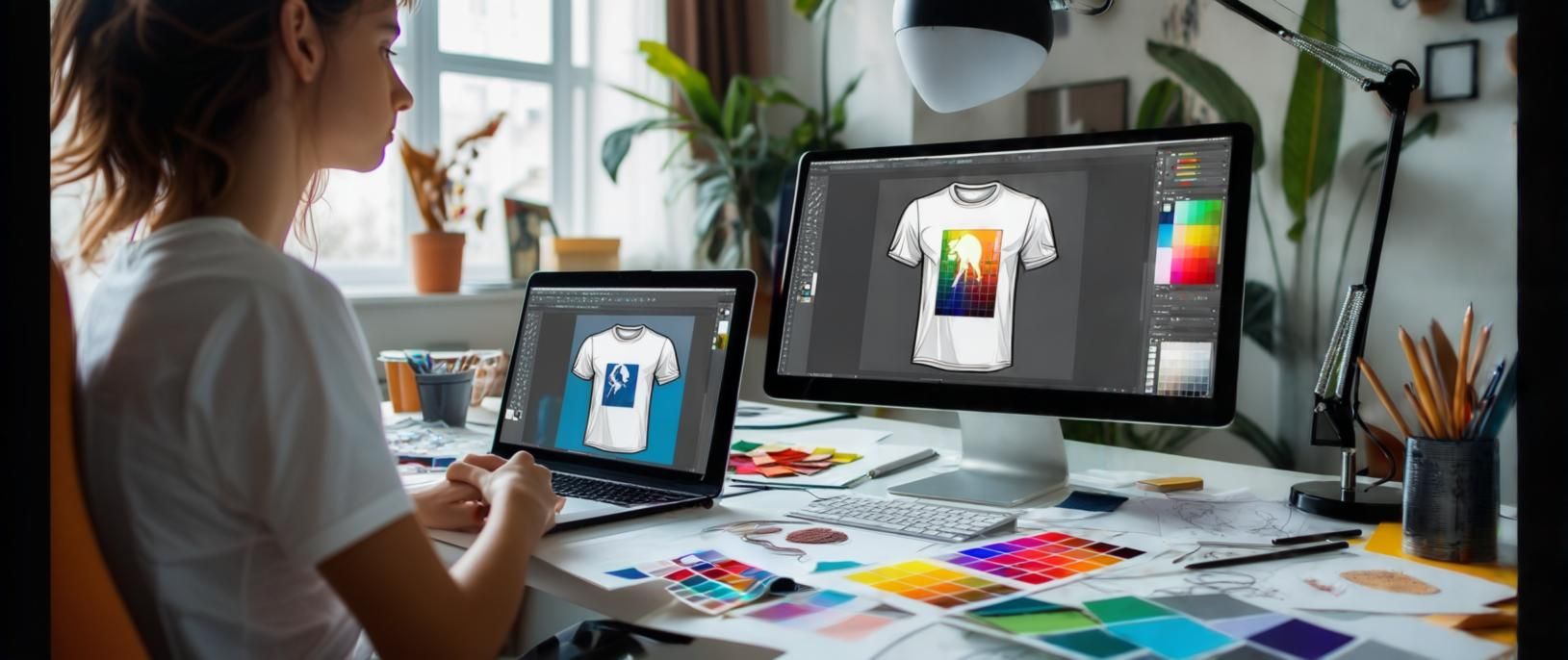 Woman designs T-shirt on laptop using AI tool – modern home office with creative atmosphere and digital design process