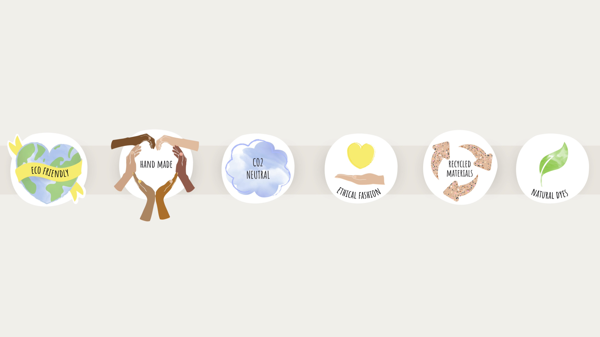 Symbols for sustainable fashion: CO₂-neutral, recycling, natural colors, handmade, ethically produced and fairly paid