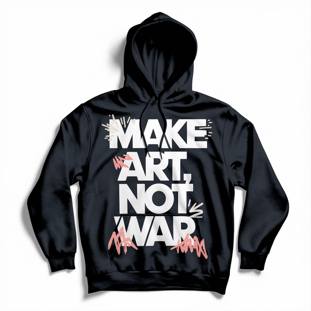Black hoodie with white statement 'MAKE ART, NOT WAR' in modern, geometric typography – trendy 2025 design