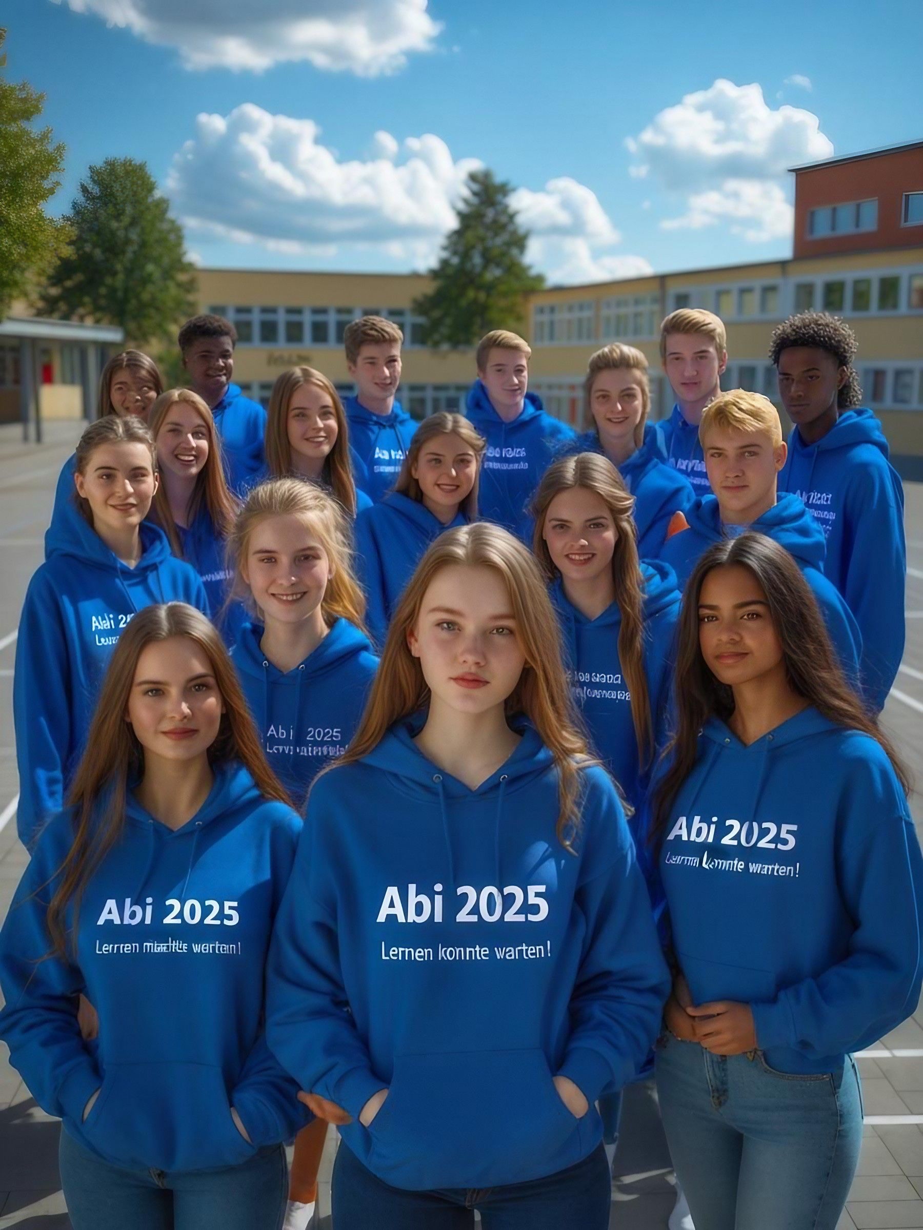 School class in blue graduation sweaters for 2025 celebrating their final year, funny print: 'Grad 2025'
