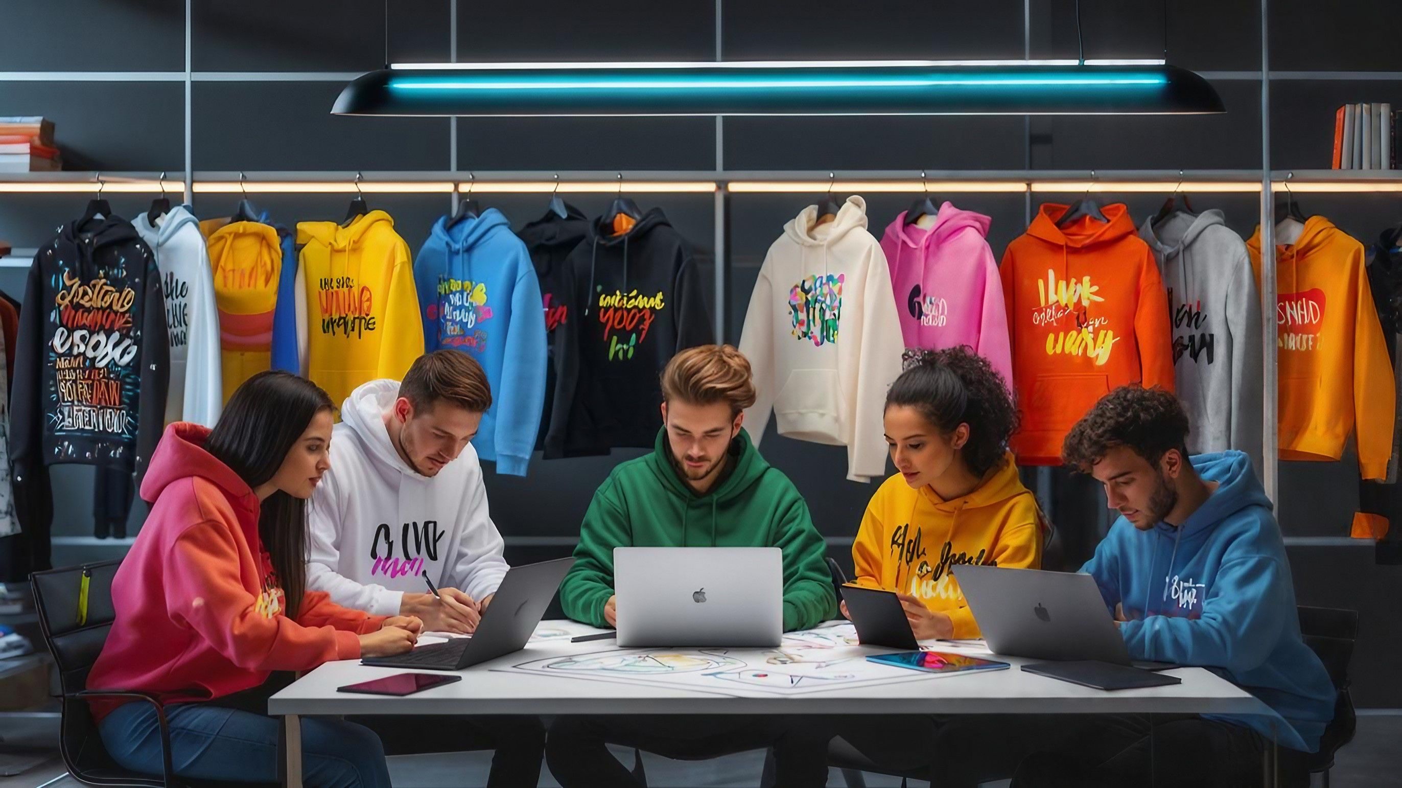 Young adults design personalized hoodies online with creative designs and AI support.