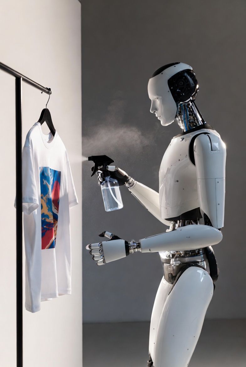 Humanoider KI-Roboter gestaltet ein buntes T-Shirt mit Sprühfarbe in moderner, futuristischer Umgebung