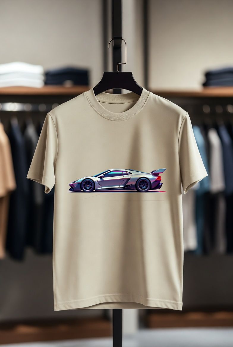 Beiges T-Shirt mit futuristischem Auto als KI-Motiv, dezentem Neon-Schweif im edlen Store, erstellt mit Gemini 2026