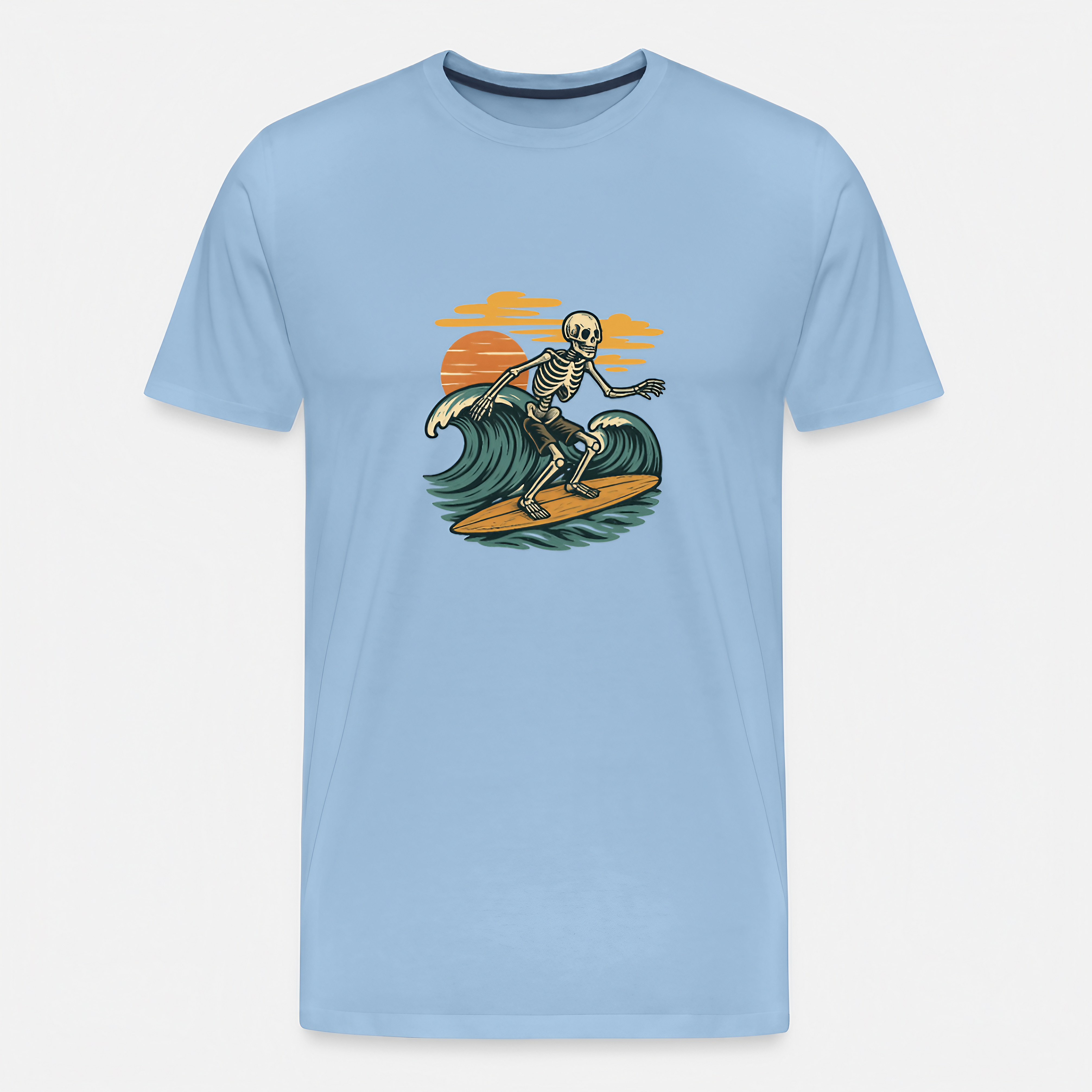 Skelett surft Welle im Vintage-Stil – Retro Vektor Grafik als cooles T-Shirt Motiv mit Sonnenuntergang und entspannter Surfer-Atmosphäre