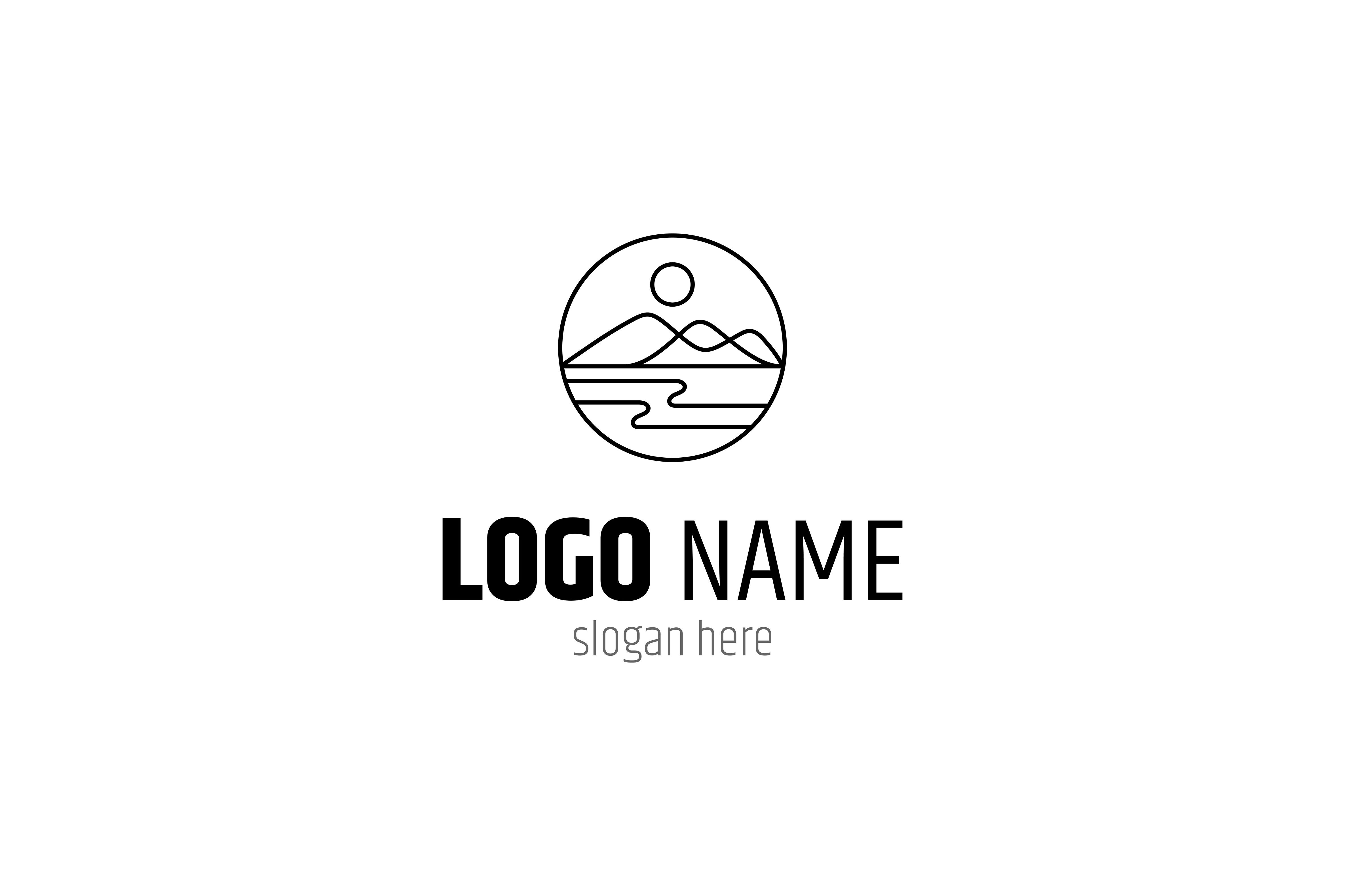 Linear mountain and lake logo in a circle for T-shirts & branding. White background, ideal for T-shirt logos
