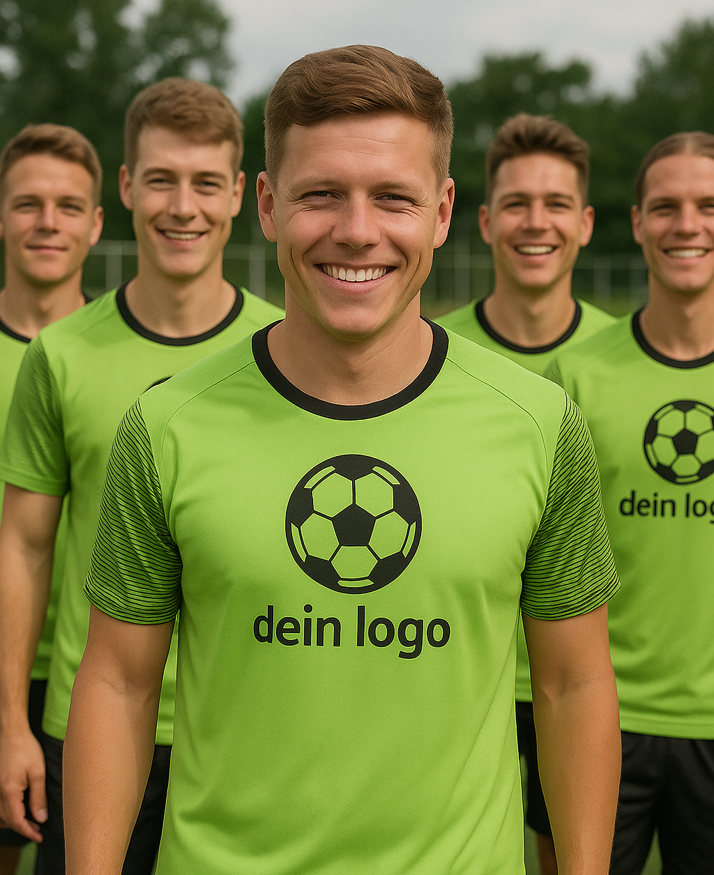 Youth soccer team in turquoise shirts with logo showing team spirit – T-shirt for sports club