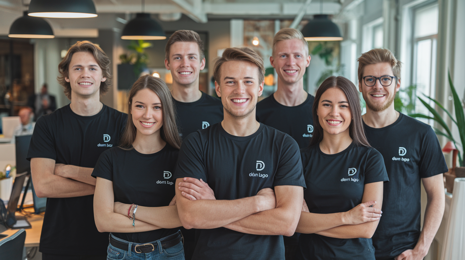 Young people wearing black company T-shirts with logo in an office. The image shows a team with uniform clothing for a professional appearance.
