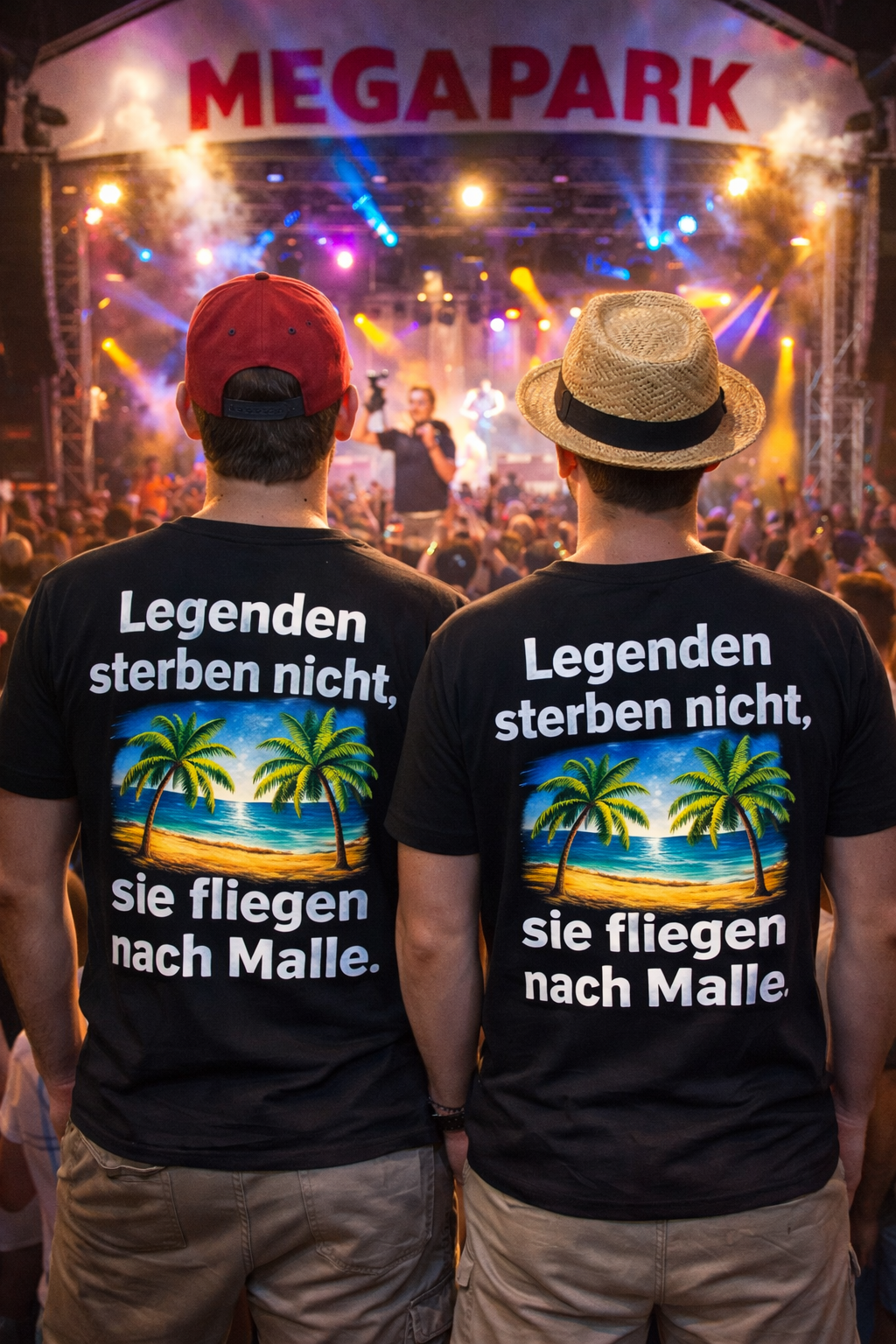 Zwei junge Männer stehen mit Rücken zur Kamera im Megapark Mallorca, tragen schwarze T-Shirts mit Palme, Strand und Spruch ‚Legenden sterben nicht, sie fliegen nach Malle‘, Bühne und Scheinwerfer im Hintergrund