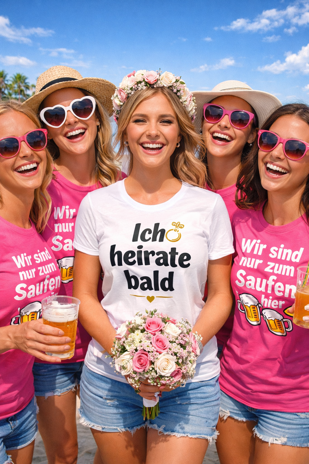 Fünf Frauen feiern Junggesellenabschied am Strand Mallorca, Braut mit weißem ‚Ich heirate bald‘ T-Shirt, Freundinnen in pinken Shirts ‚Wir sind nur zum Saufen hier‘