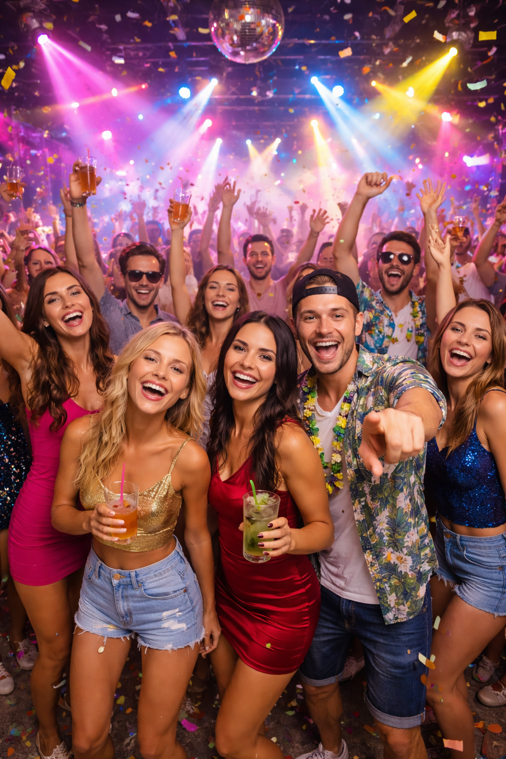 Junge Frauen und Männer tanzen in einer belebten Diskothek, bunte Lichter, Getränke in der Hand, Partyatmosphäre