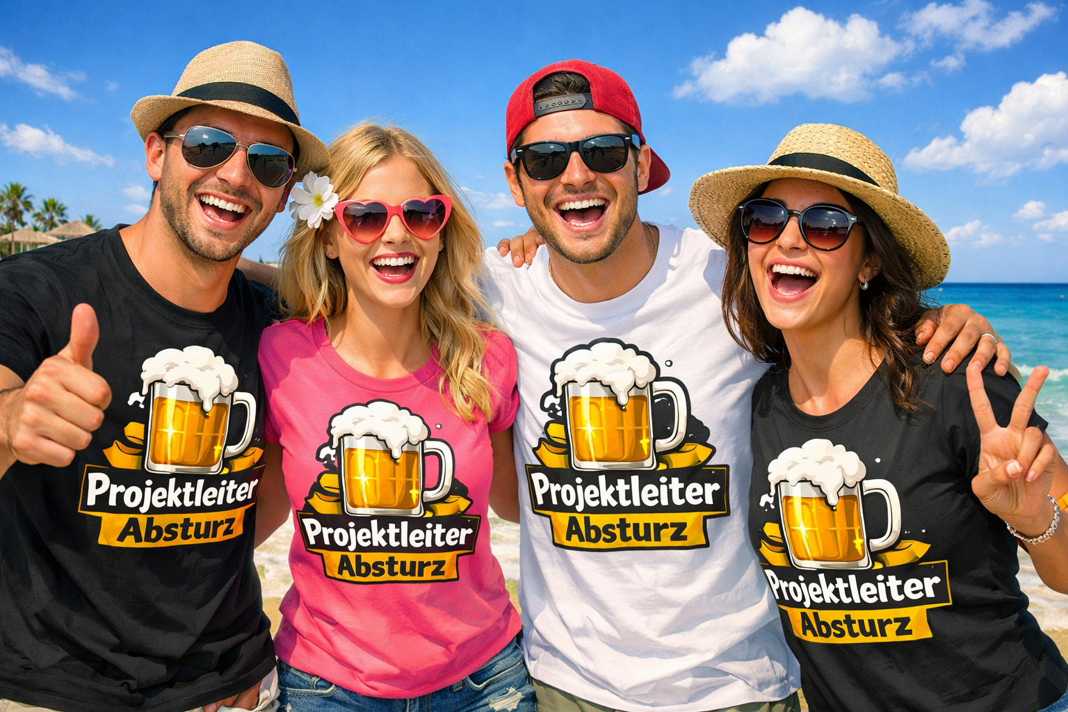 Gruppe von Freunden im Partyurlaub auf Mallorca mit individuell gestalteten Shirts