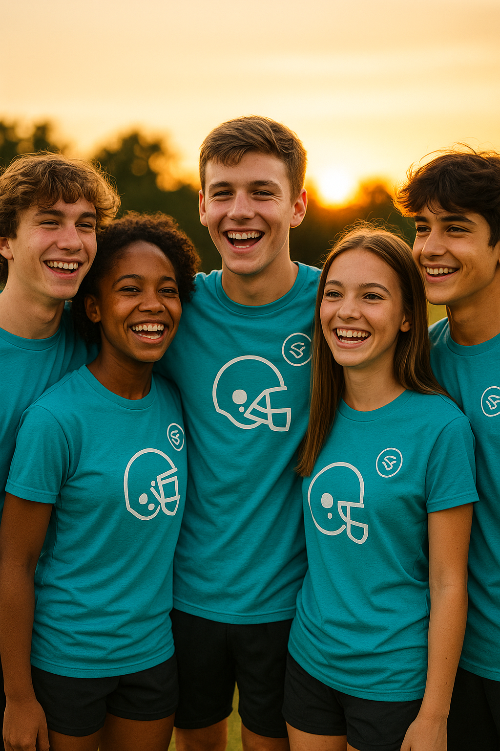 Youth soccer team in turquoise shirts with logo showing team spirit – T-shirt for sports club