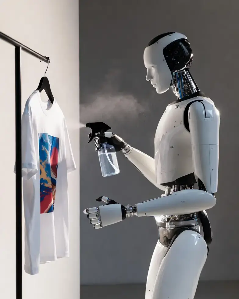 Humanoider KI-Roboter gestaltet ein buntes T-Shirt mit Sprühfarbe in moderner, futuristischer Umgebung