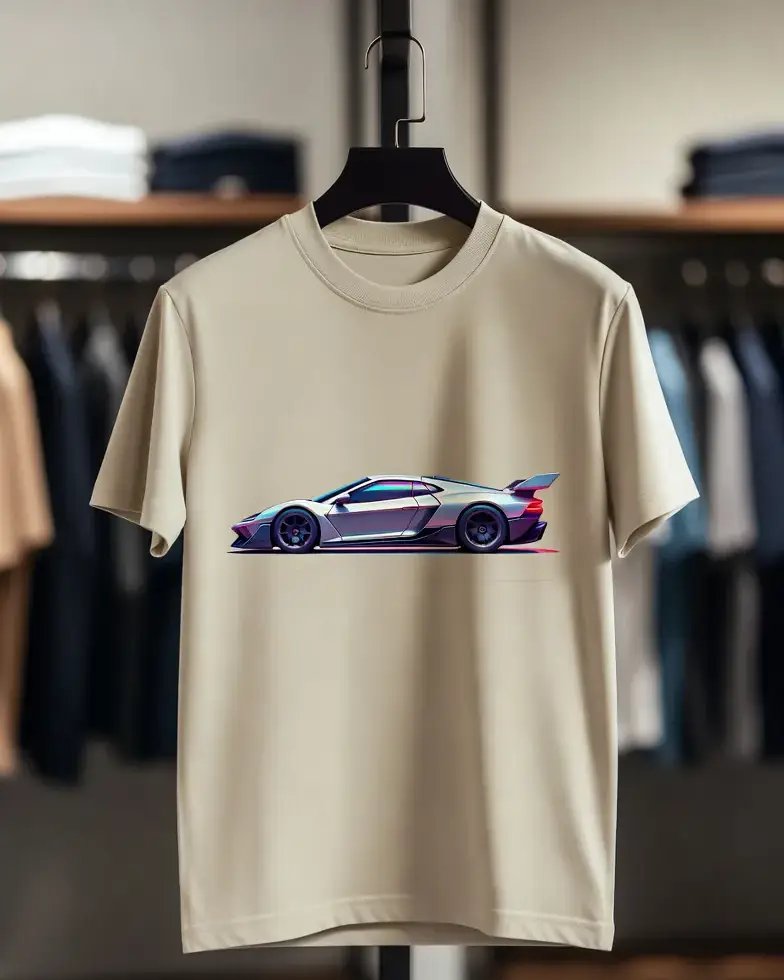 Beiges T-Shirt mit futuristischem Auto als KI-Motiv, dezentem Neon-Schweif im edlen Store, erstellt mit Gemini 2026