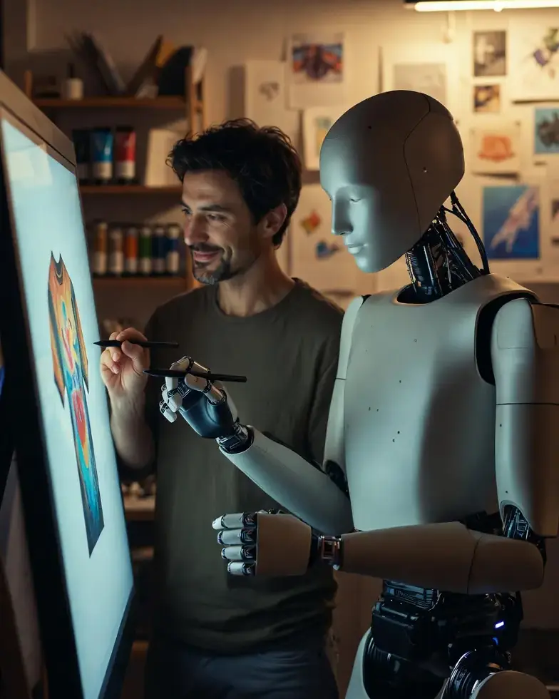 Menschlicher Künstler und humanoider KI-Roboter arbeiten gemeinsam an einem farbenfrohen digitalen Grafik-Design im Atelier – perfekte Ergänzung von menschlicher Kreativität und Künstlicher Intelligenz