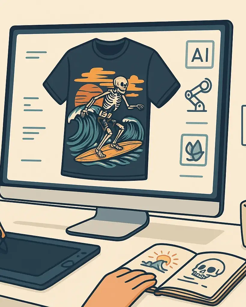 Eigene T-Shirts mit KI erstellen Kreativer Arbeitsplatz mit Shirt-Design als Beispiel dafür, wie eigene T-Shirts 2026 mit modernen AI-Tools erstellt werden