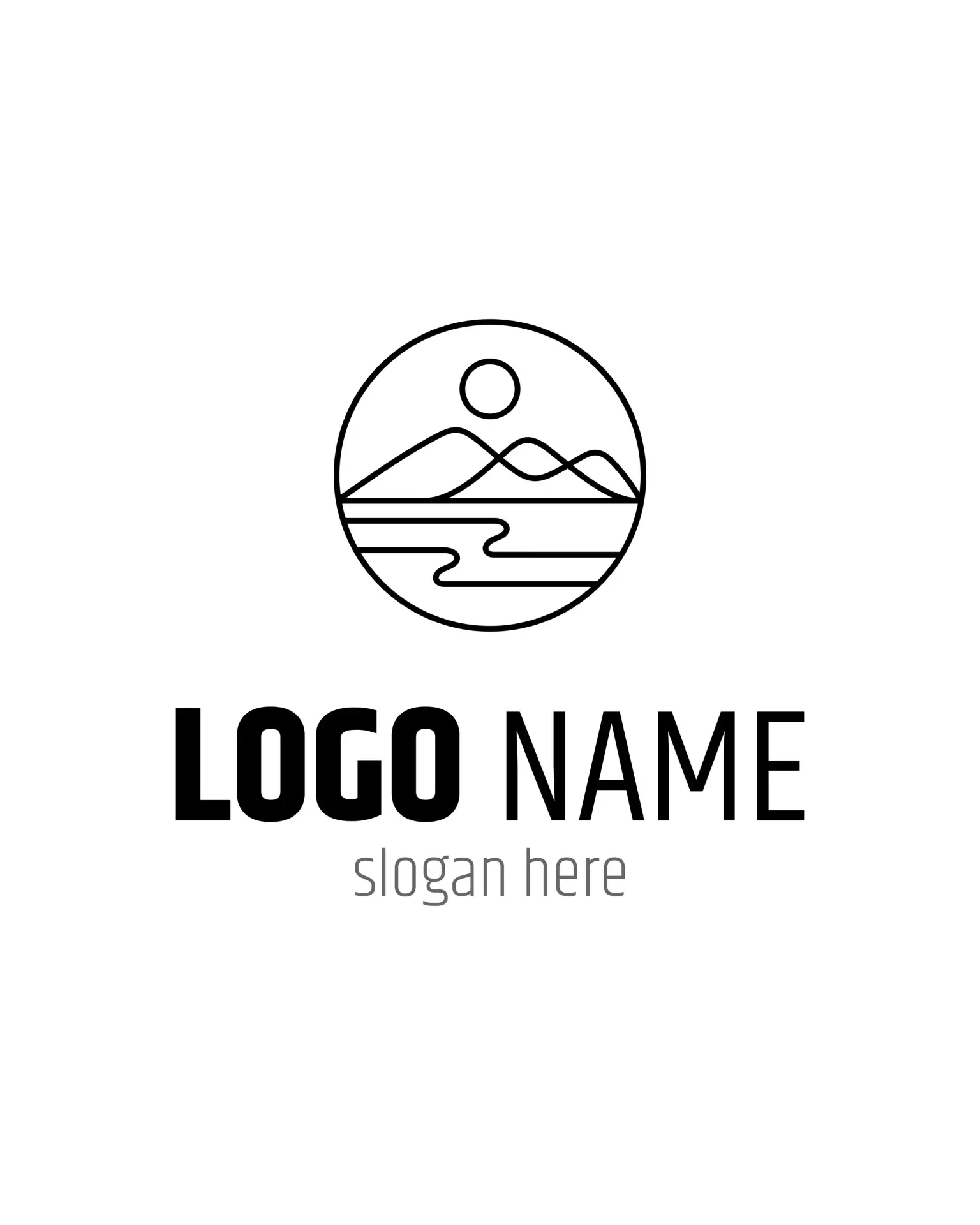 Lineares Berg- und See-Logo im Kreis für T-Shirts & Branding. Weißer Hintergrund, optimal für T-Shirt Logos