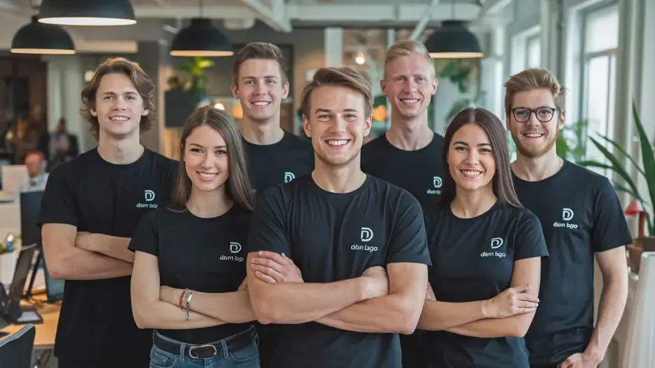 Junge Menschen tragen ein schwarzes Firmen-T-Shirt mit Logo im Büro. Das Bild zeigt ein Team mit einheitlicher Kleidung für ein professionelles Auftreten.