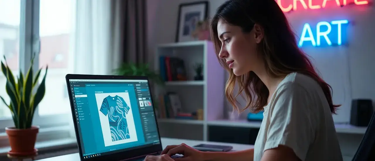 Frau gestaltet T-Shirt am Laptop mit KI-Tool – modernes Homeoffice mit kreativer Atmosphäre und digitalem Designprozess