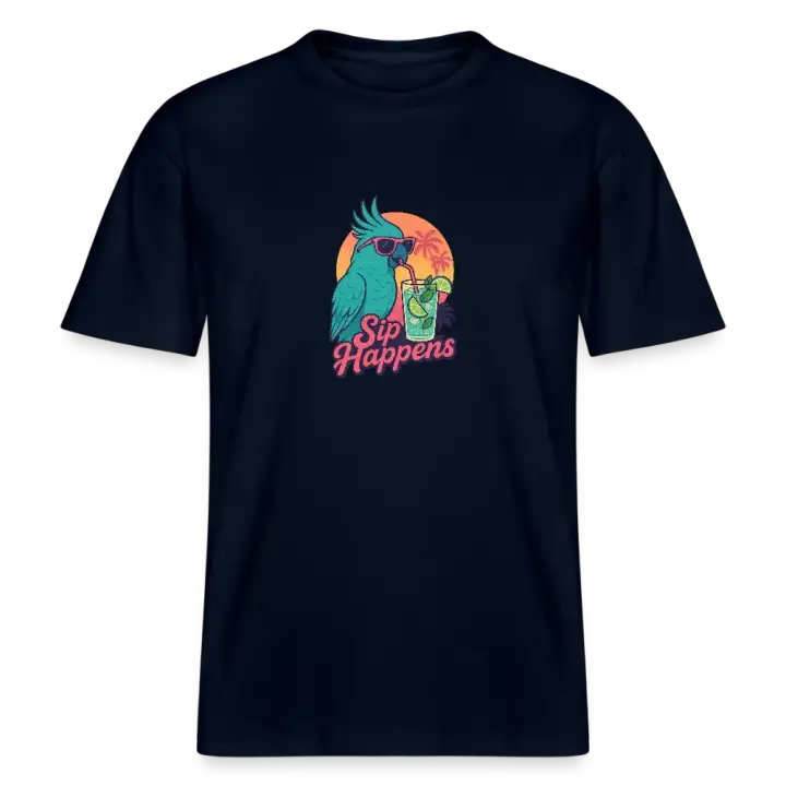 Retro T-Shirt mit Papagei und Cocktail, Neonfarben und Sip Happens Schriftzug im Tropical Sunset Look