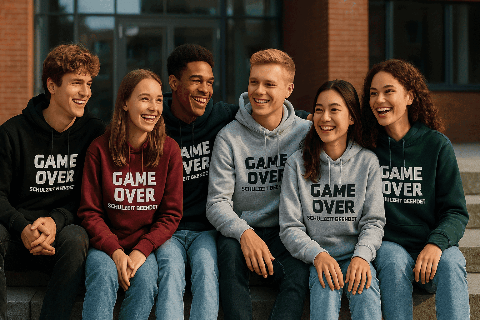 Sechs Abiturienten 2025 in stylischen Abitur Hoodies mit dem Abi Motiv „Game Over – Schulzeit beendet“ vor einem modernen Schulgebäude