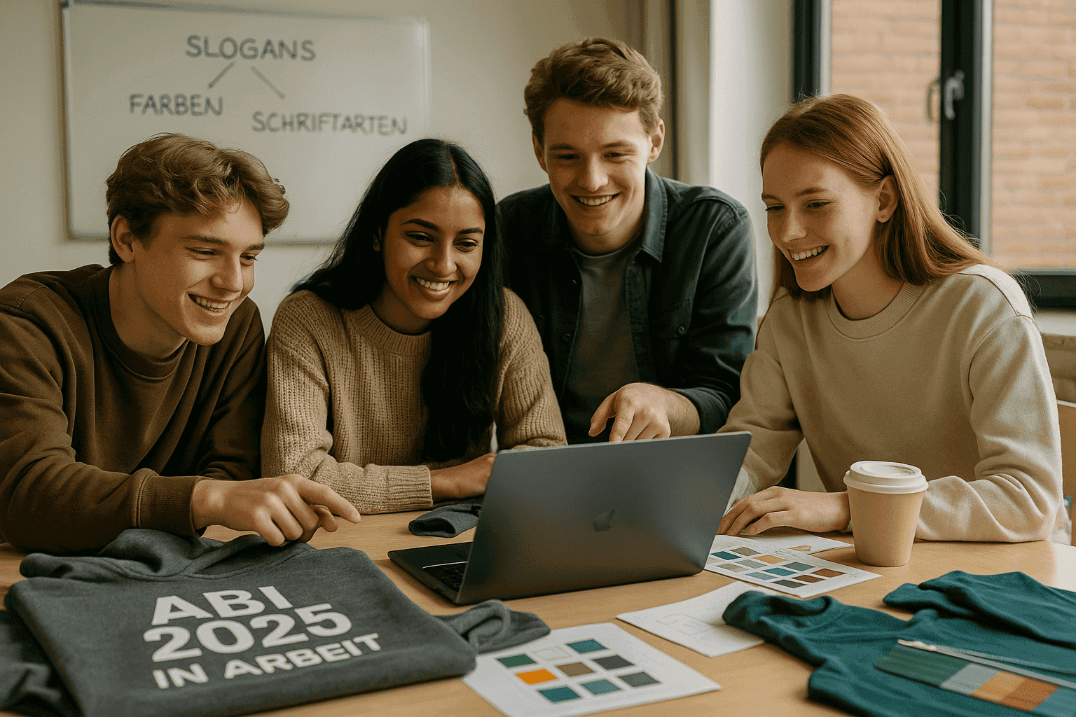 Abiturienten 2025 gestalten Abi-Hoodies mit Laptop, Farbmustern und Slogan „ABI 2025 in Arbeit“ – Designphase im Klassenzimmer