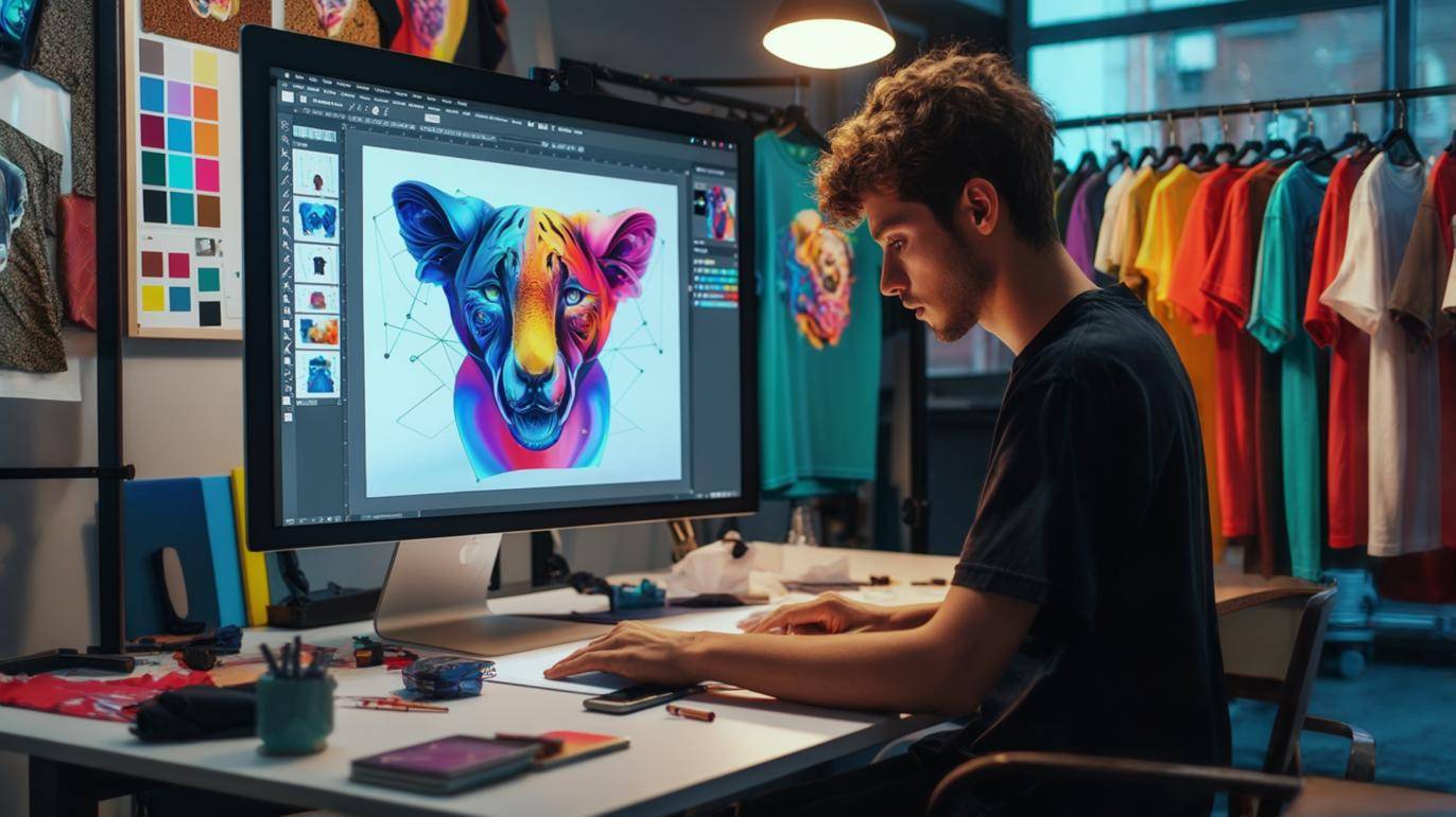 Kreativer Arbeitsraum mit Designer, T-Shirts und KI-Tool – Junge gestaltet Kleidung mit künstlicher Intelligenz im Fashion-Studio