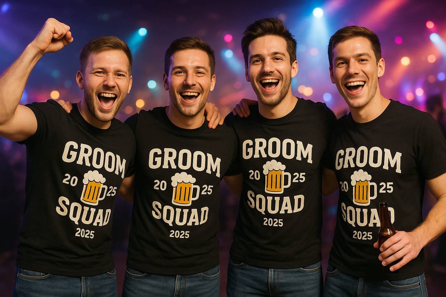 Vier Männer feiern Junggesellenabschied in der Disco mit 'Groom Squad 2025' T-Shirts und Bier – Party-Stimmung pur.
