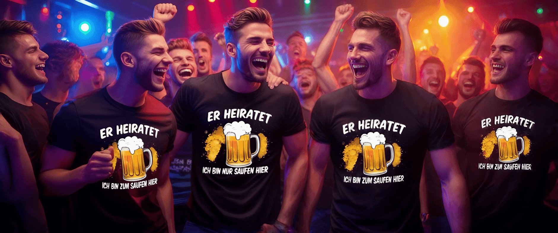 Junggesellenabschied mit Shirt in der Disco: Gruppe Männer feiern mit schwarzen T-Shirts, Bierkrug und humorvollem Spruch.