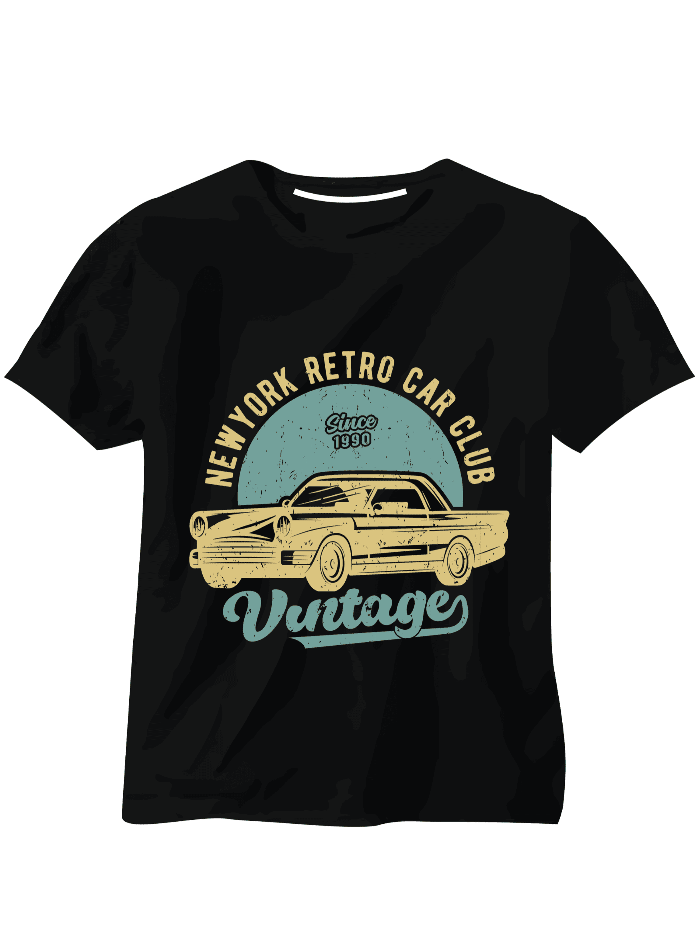 Vintage T-Shirt Design mit Retro-Auto und Hot Rod – New York Car Club Logo auf dunklem Baumwoll Shirt