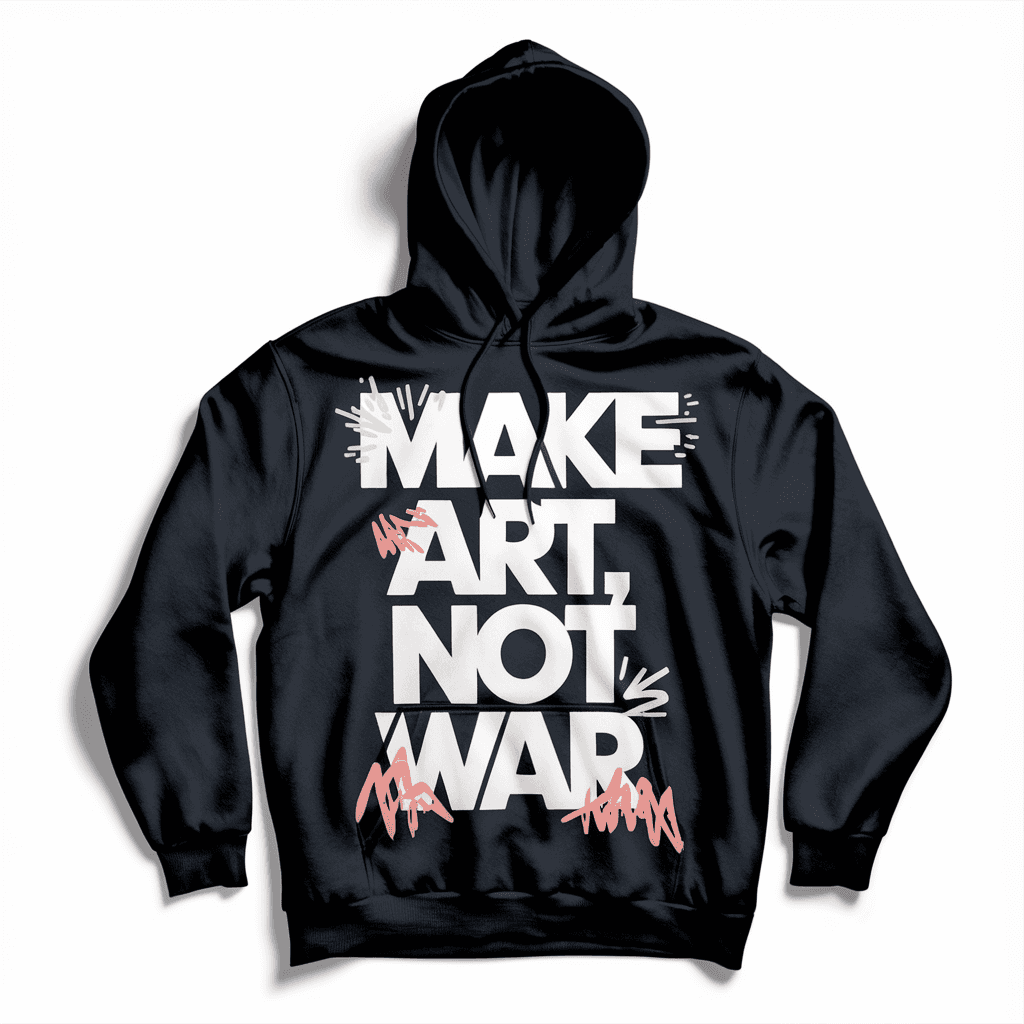 Schwarzer Hoodie mit weißem Statement „MAKE ART, NOT WAR“ in moderner, geometrischer Typografie – angesagtes Design 2025