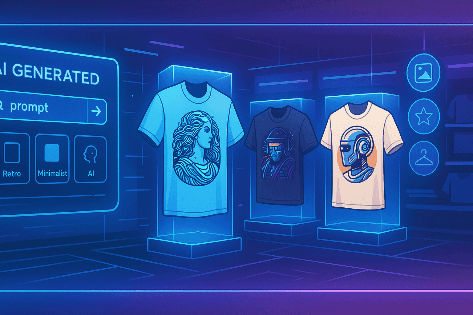 Futuristischer KI-T-Shirt-Store mit holografischen T-Shirt-Designs in Neonfarben, moderne Visualisierung von KI-generierter Modede