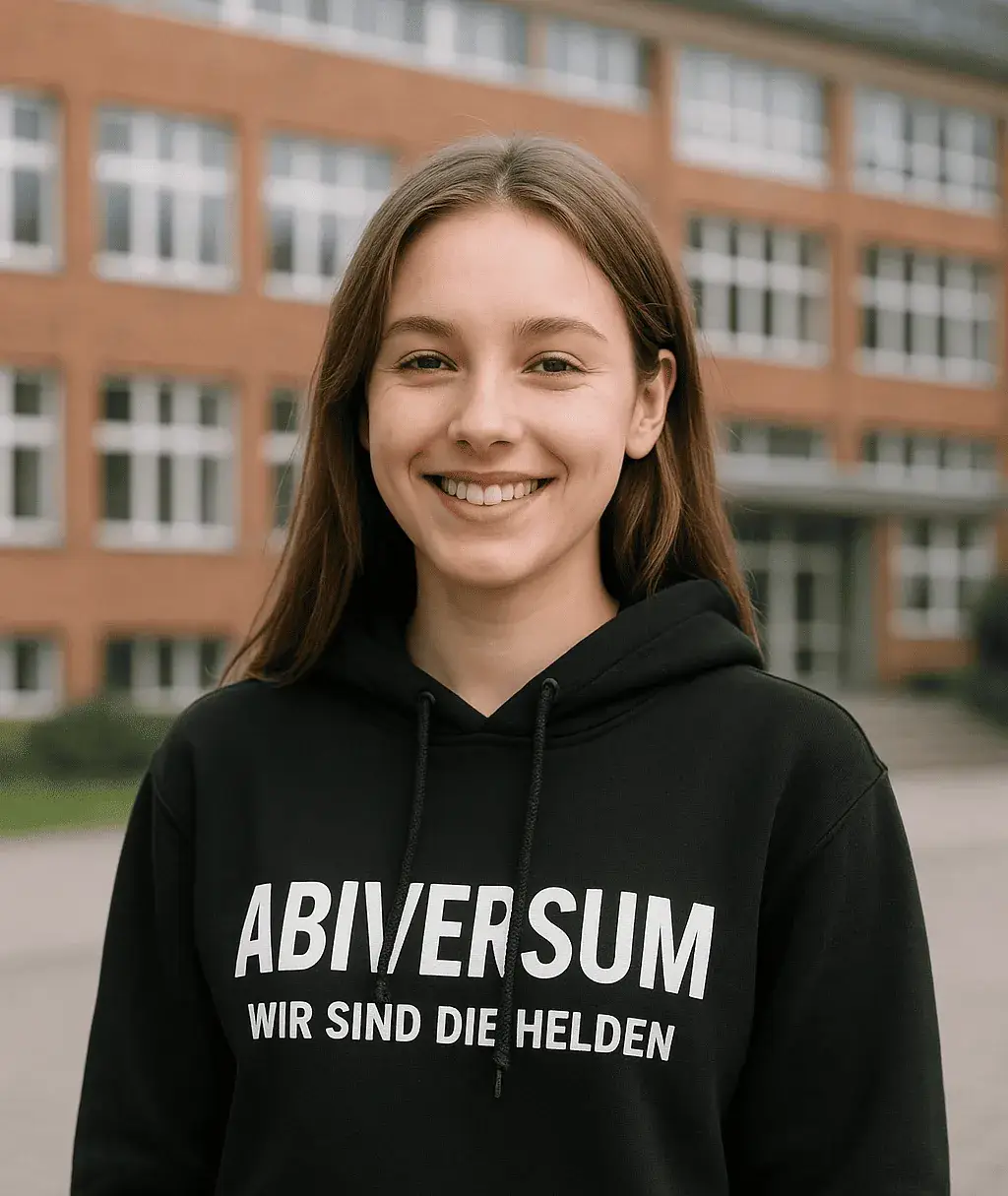 Lachendes Mädchen mit schwarzem Abitur Hoodie „Abiversum – wir sind die Helden“ vor Schule – Abi Hoodie erstellen lassen