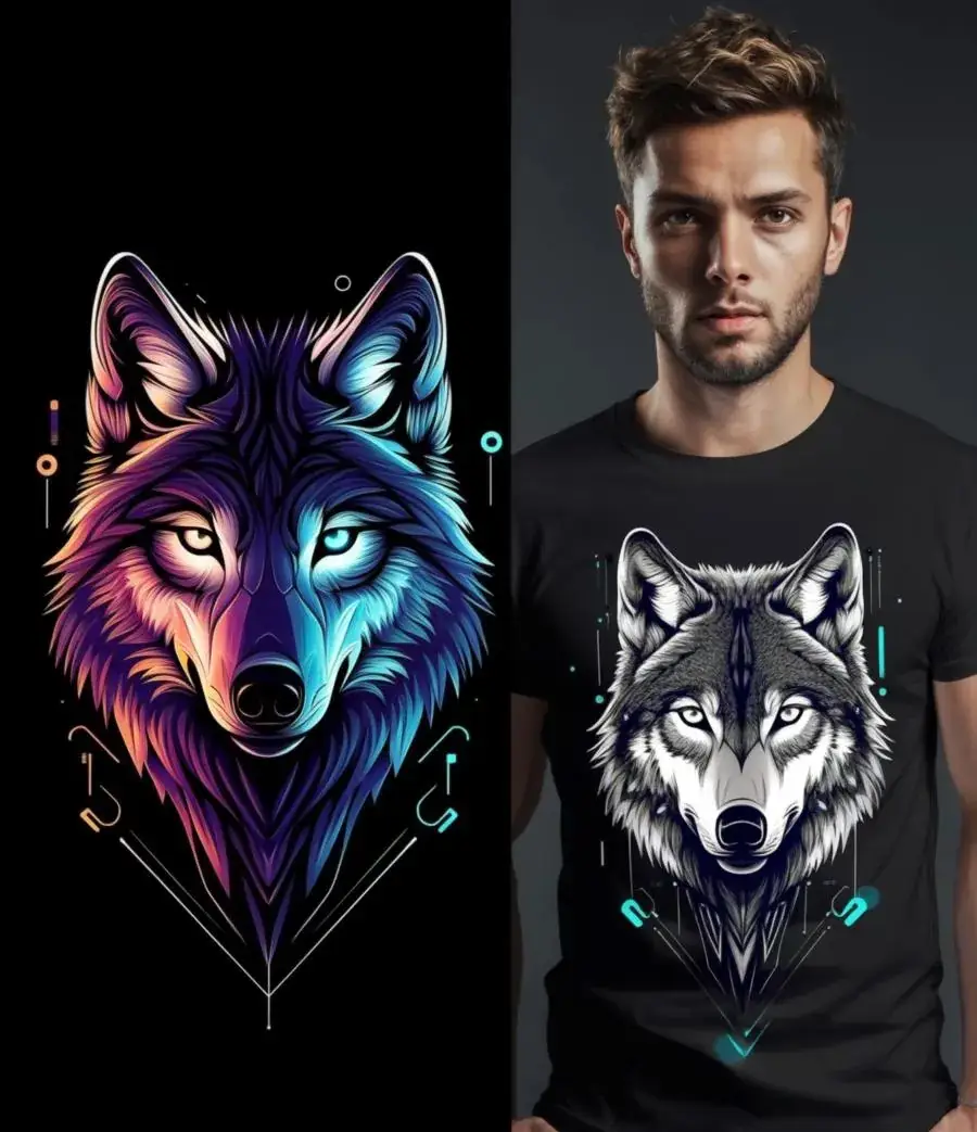 Preview: AI Design Neon Wolf on Black T-shirt Split-screen with neon wolf graphic on the left and man wearing printed T-shirt mockup on the right – AI-generated shirt design