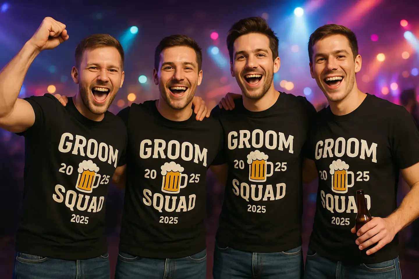 Bachelor Party 2025 – Guys Celebrate with Their Shirts Four men celebrating bachelor party in a club with 'Groom Squad 2025' shirts and beer – full party vibes.