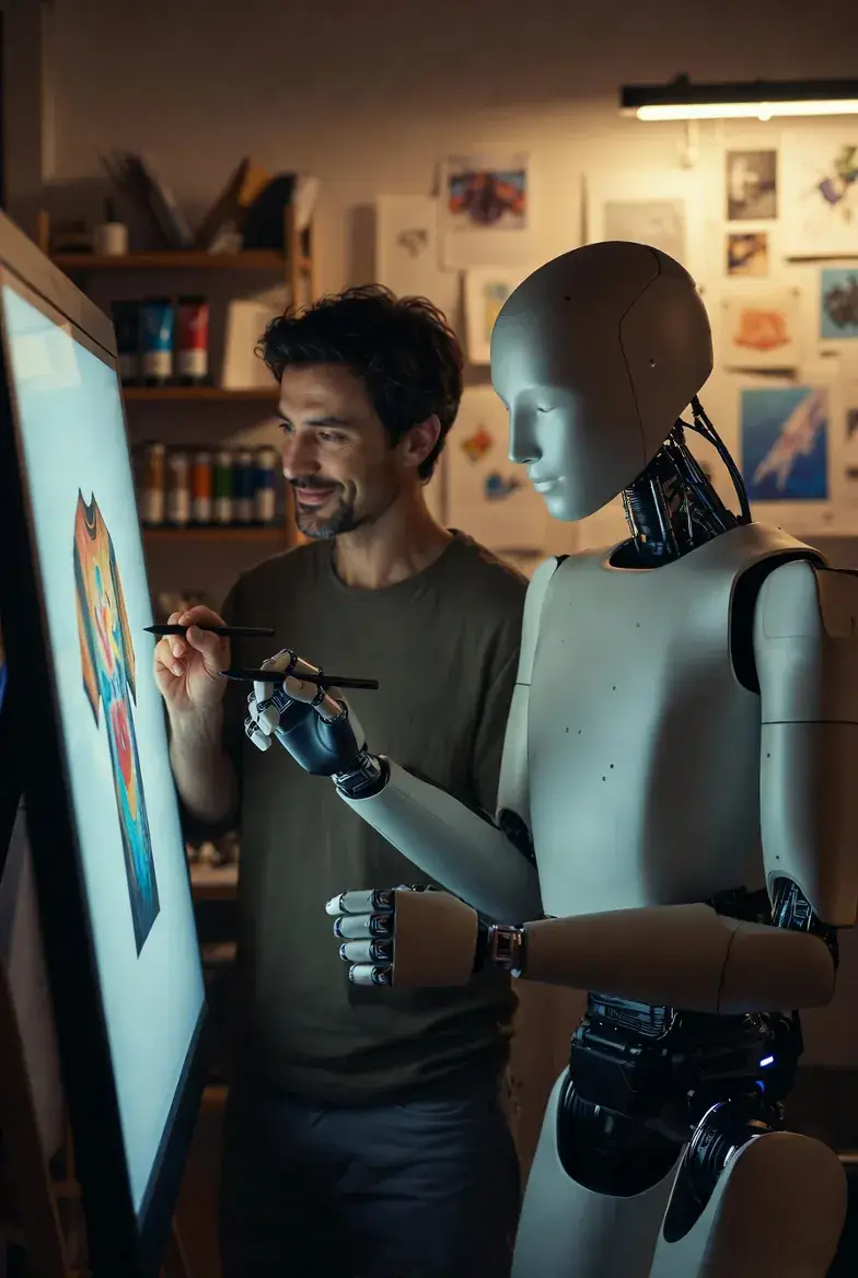 Human artist and humanoid AI robot collaborate on a colorful digital graphic design in the studio – perfect complement of human creativity and artificial intelligence
