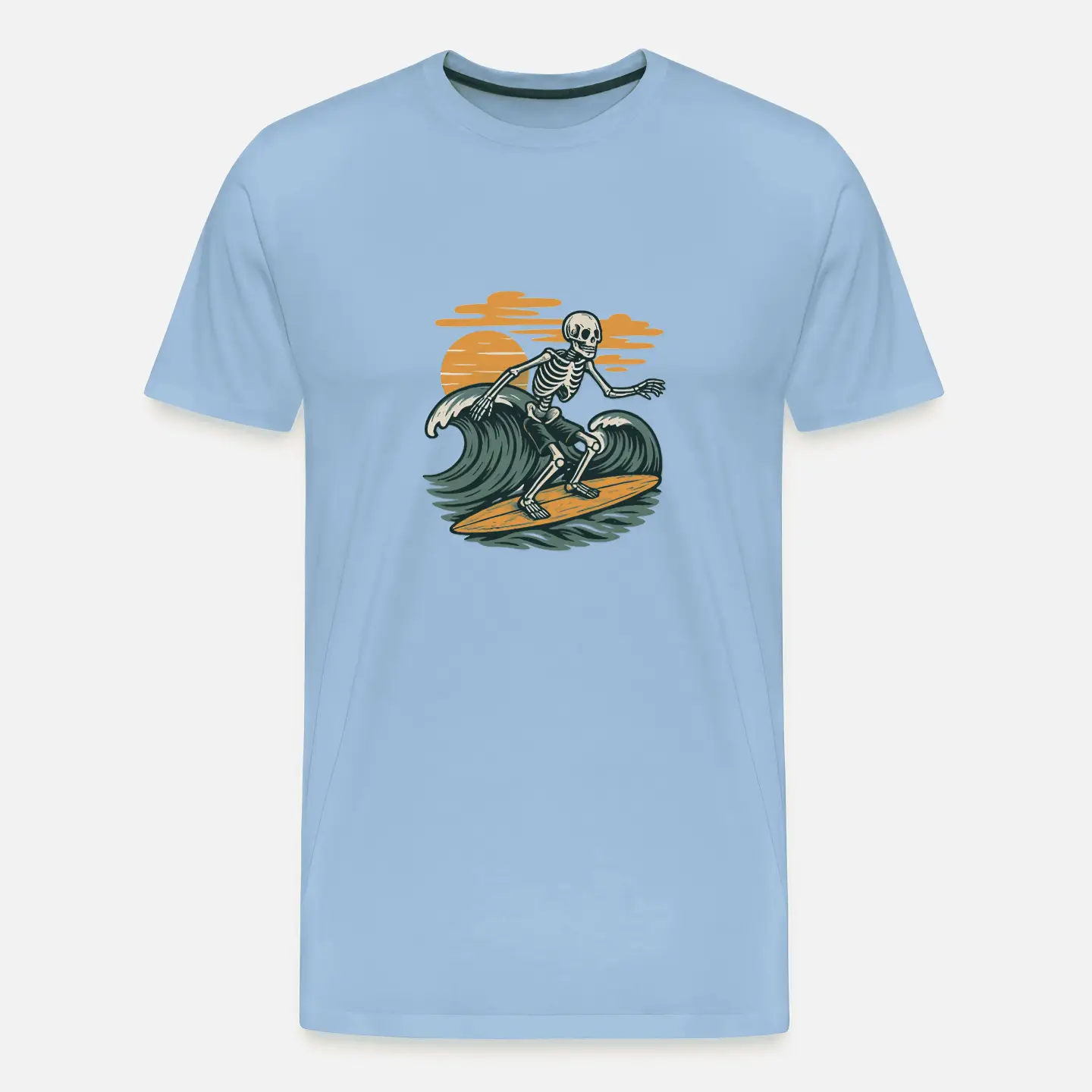 Skelett surft Welle im Vintage-Stil – Retro Vektor Grafik als cooles T-Shirt Motiv mit Sonnenuntergang und entspannter Surfer-Atmosphäre