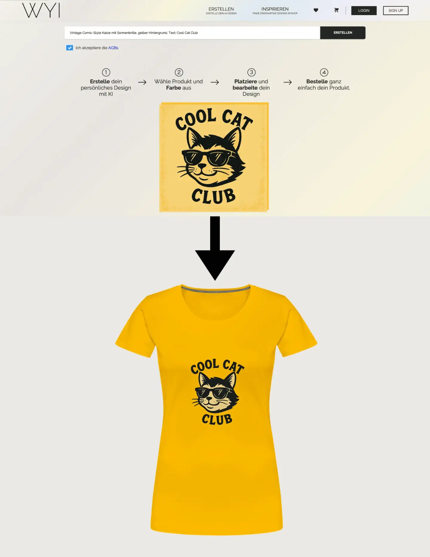 Comic-Katze mit Sonnenbrille auf T-Shirt – Vintage-Design mit Text „Cool Cat Club“, erstellt mit WYI KI-Design-Tool