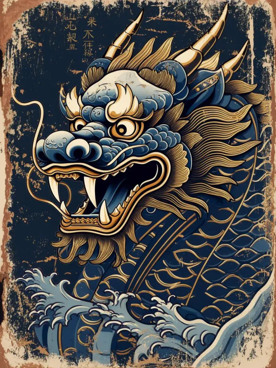 Japanischer Drachenkopf im Retro-Stil – T-Shirt Grafik mit Dunkelblau-Gold-Farbpalette für KI-generiertes Design