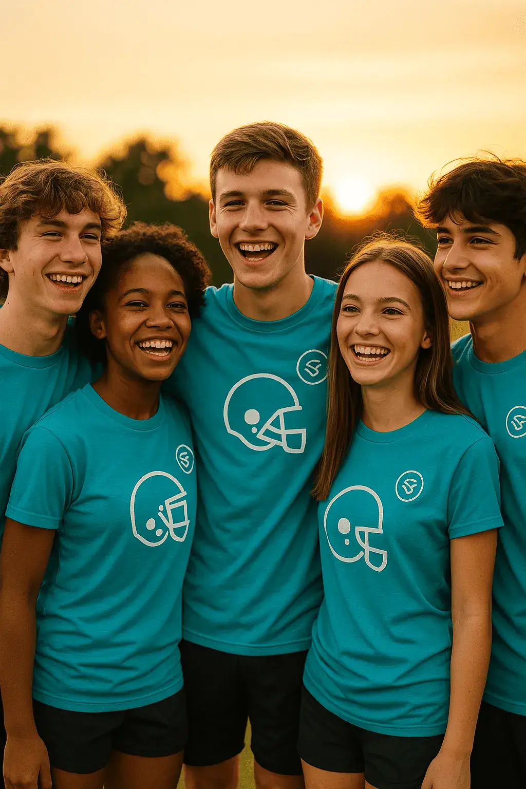 Jugendliches Fußballteam in türkisfarbenen Shirts mit Logo zeigt Teamgeist - T-Shirt für Sportverein