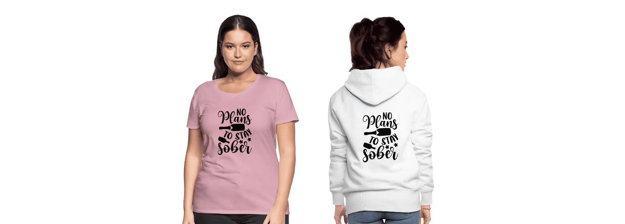 Bachelor Party Outfit for Women – Pink Shirt & Hoodie with 'No plans to stay sober' Two women at a bachelorette party wearing pink T-shirts and a white hoodie – print reads 'No plans to stay sober'