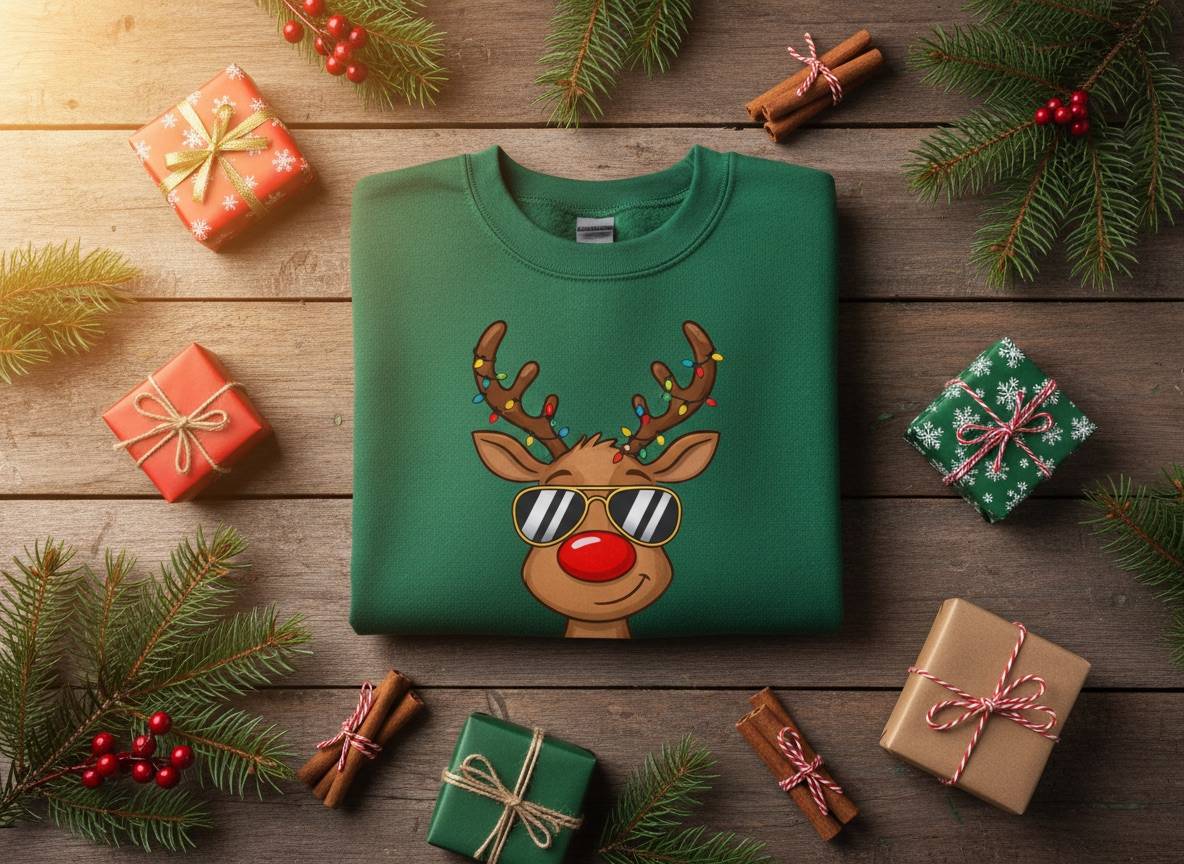 Grüner Sweatshirt-Pullover mit gedrucktem Comic-Rentier mit Sonnenbrille, daneben Geschenke und Tannenzweige auf Holztisch