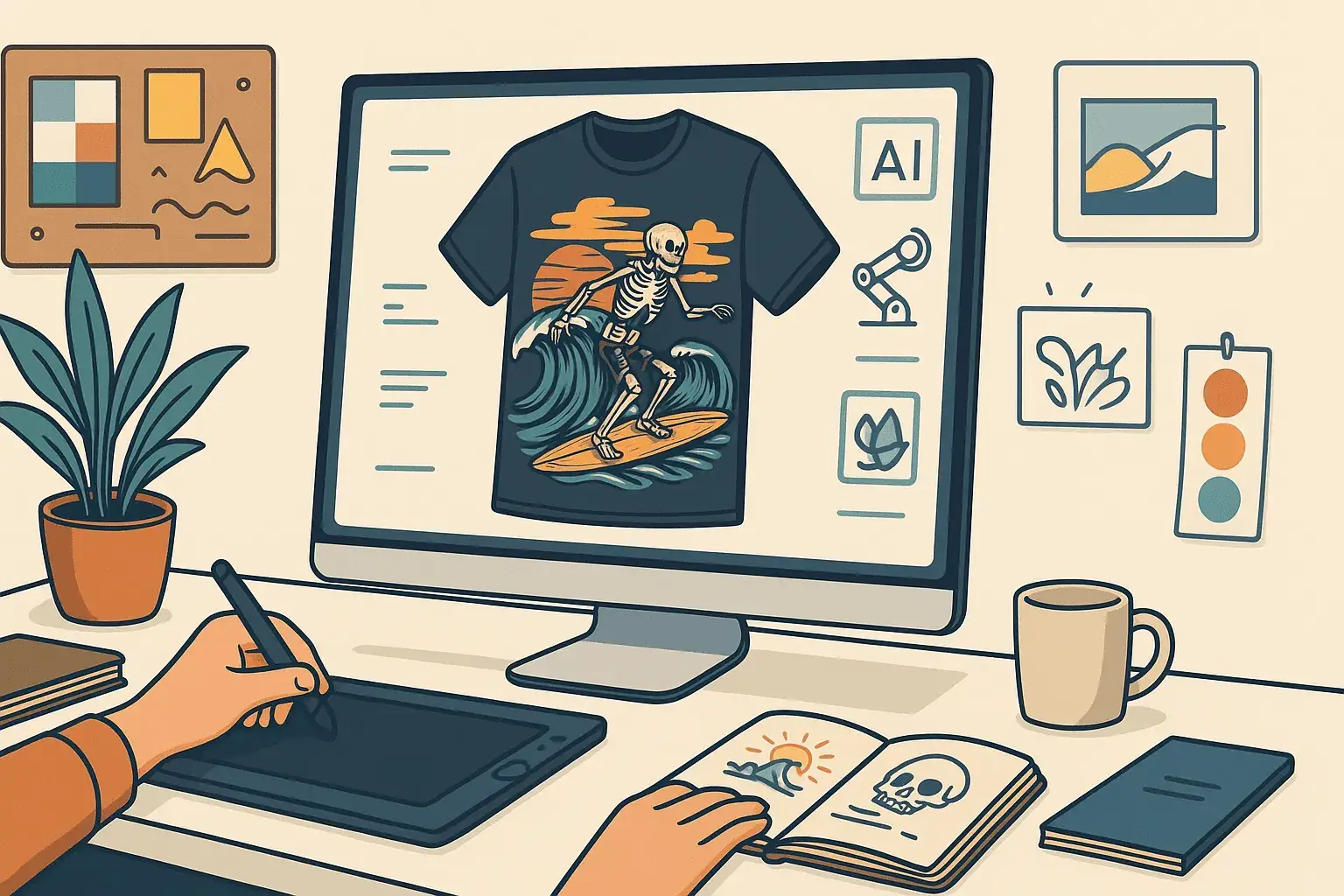 Kreativer Arbeitsplatz mit T-Shirt-Design auf dem Bildschirm, KI-Tools, Moodboards und Design-Elementen in modernem Studio-Setting