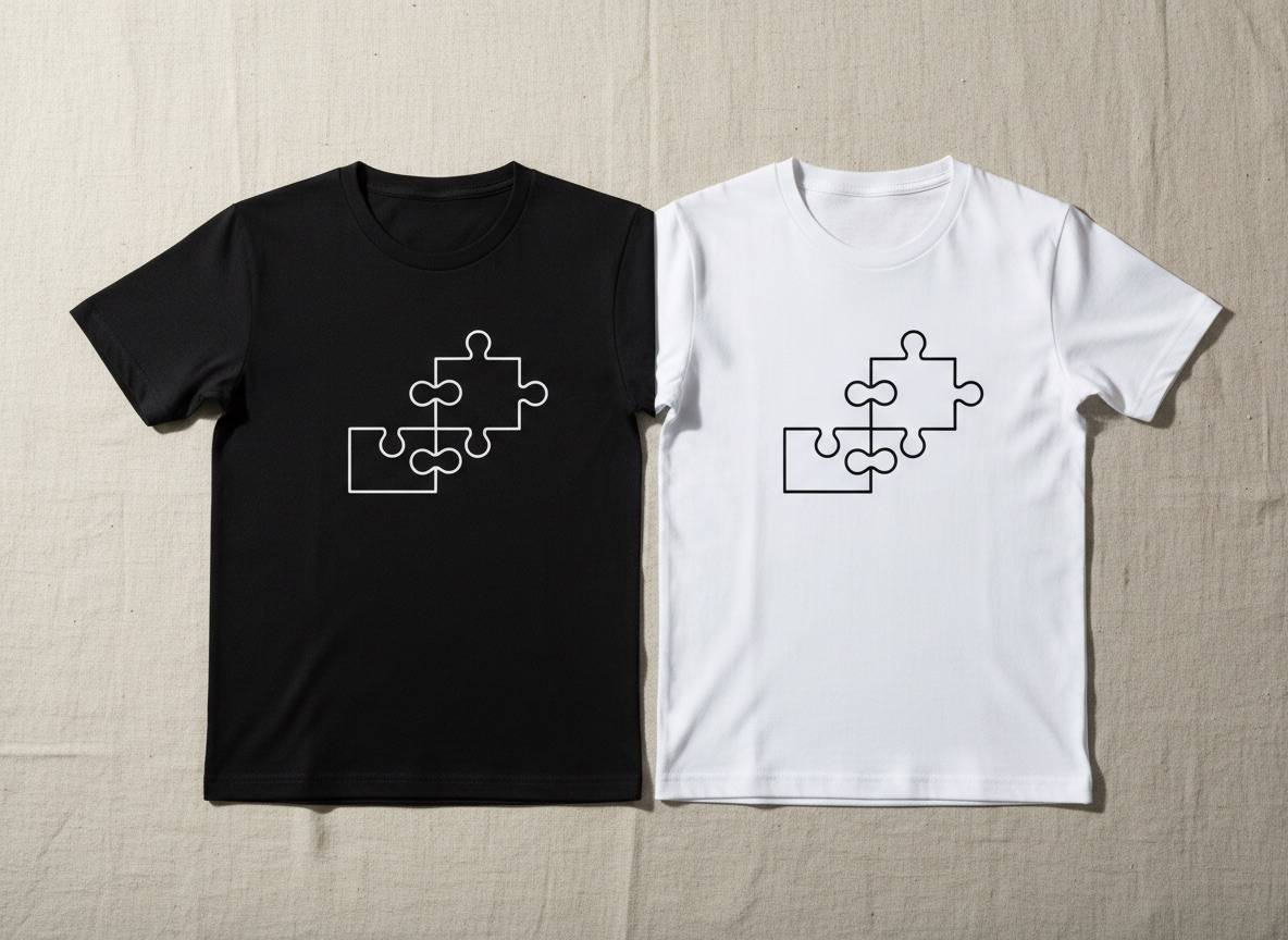 Zweiteiliges Puzzle-Motiv auf zwei Pärchen-Shirts Schwarzes und weißes T-Shirt nebeneinander mit Puzzle-Motiv, das sich über beide Shirts verbindet
