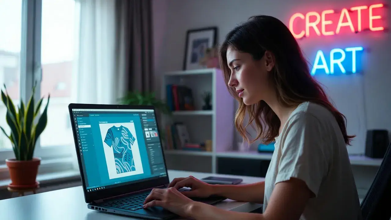 T-shirt Design with AI – Create Creatively in Your Home Office Woman designs T-shirt on laptop using AI tool – modern home office with creative atmosphere and digital design process